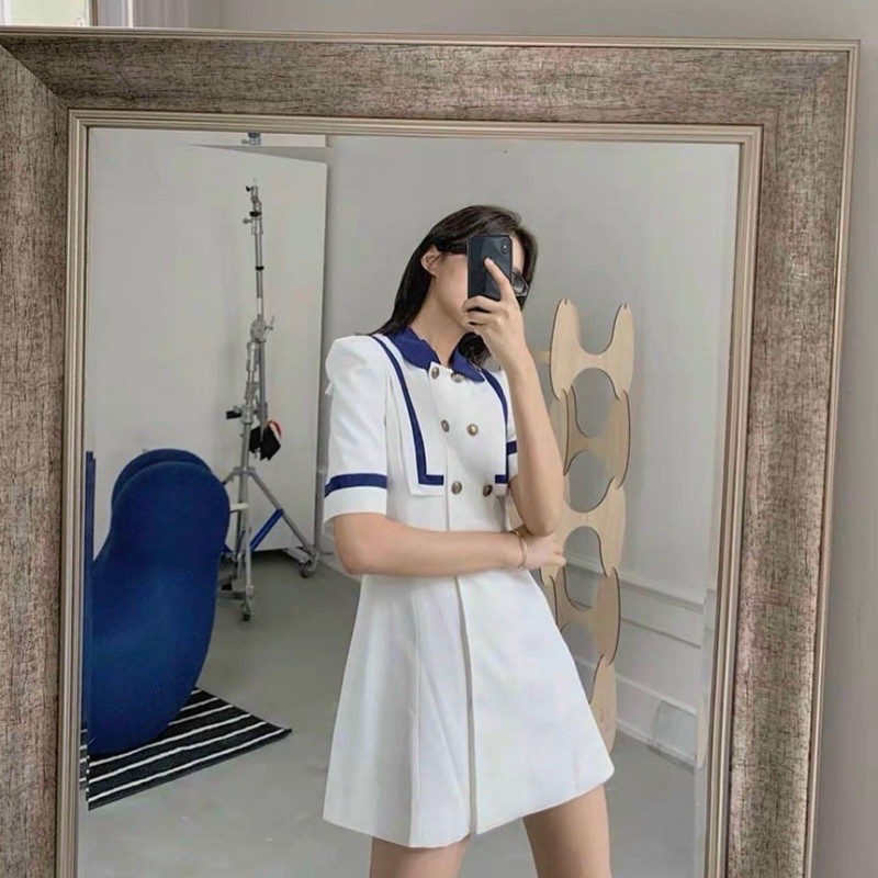 Đầm midi trắng viền xanh