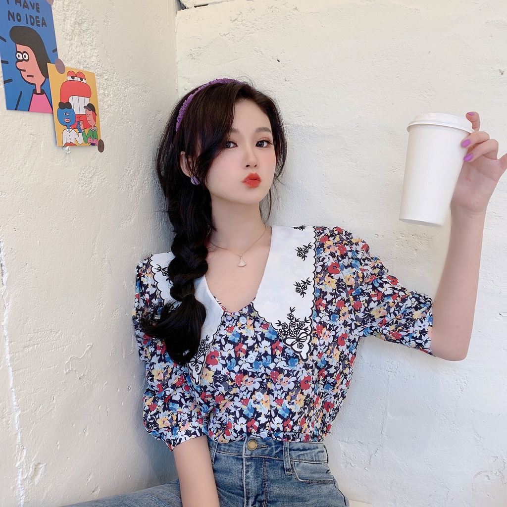Áo sơ mi Hoa, Cổ Búp Bê Phong Cách Retro Hàn Quốc