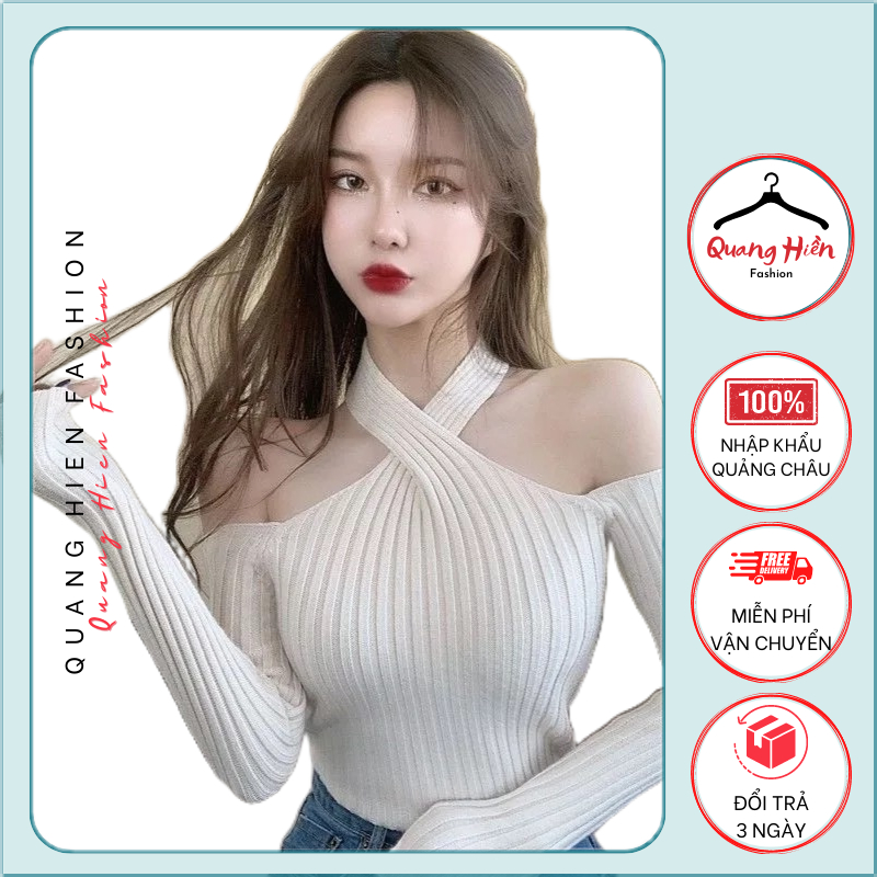 Áo len nữ Quảng Châu cổ yếm khoét vai dài tay freesize MS219