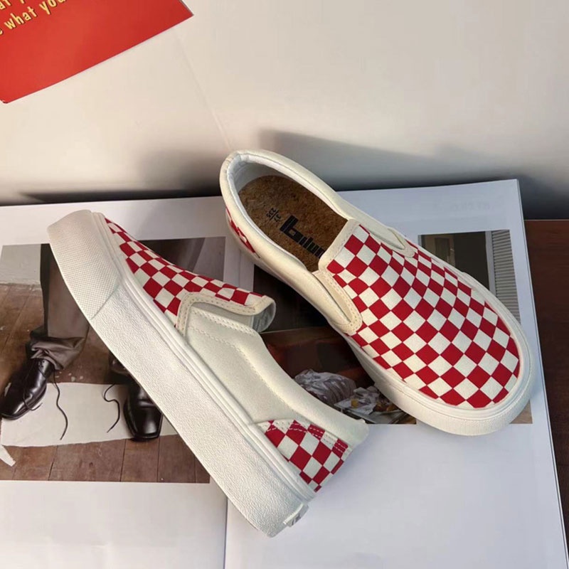 Giày Thể Thao canvas Đế Dày Họa Tiết Caro Phong Cách retro Hàn Quốc Cho Nữ