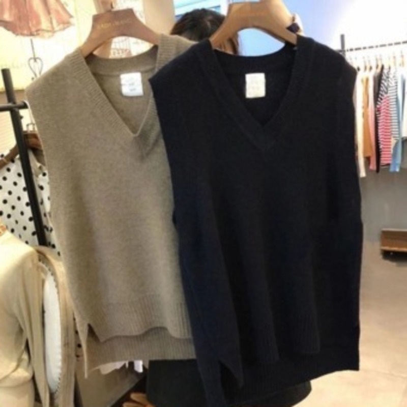 Áo Sweater Dệt Kim Không Tay Cổ Chữ v Màu Sắc Đơn Giản Phong Cách Retro Hàn Quốc