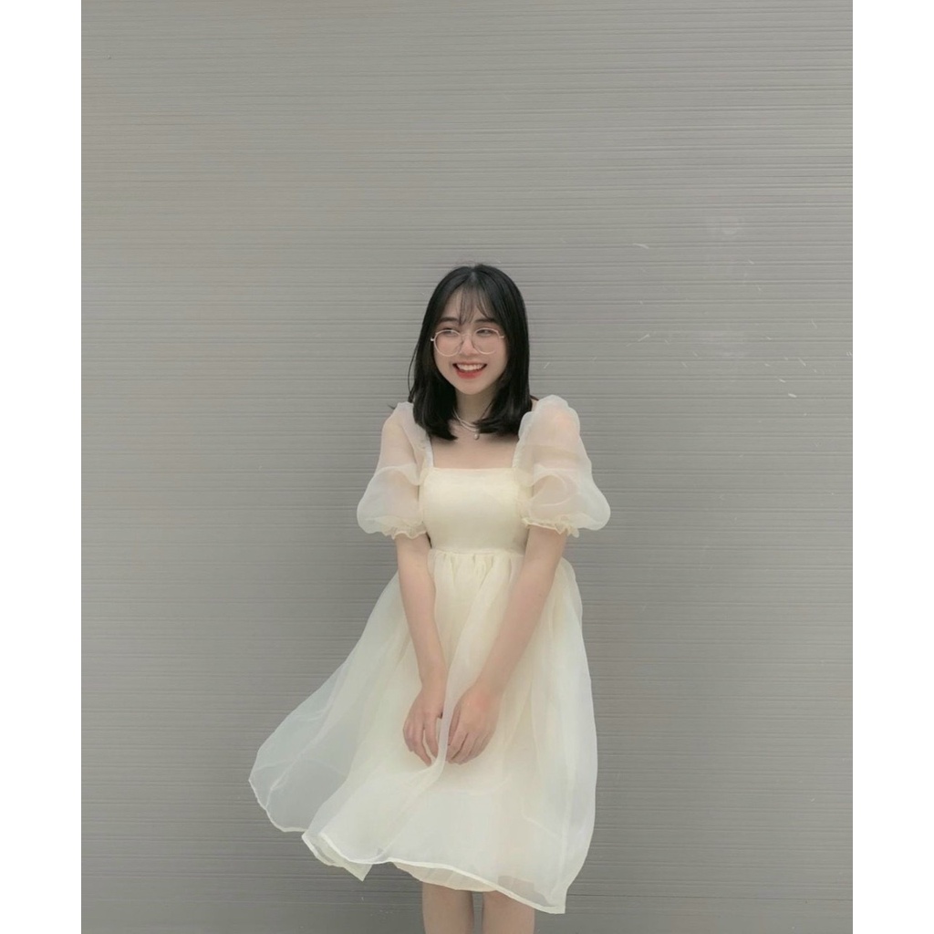 Đầm tiểu thư cổ vuông tay bồng, Váy voan nữ sang chảnh dáng xòe mặc đi chơi đi tiệc