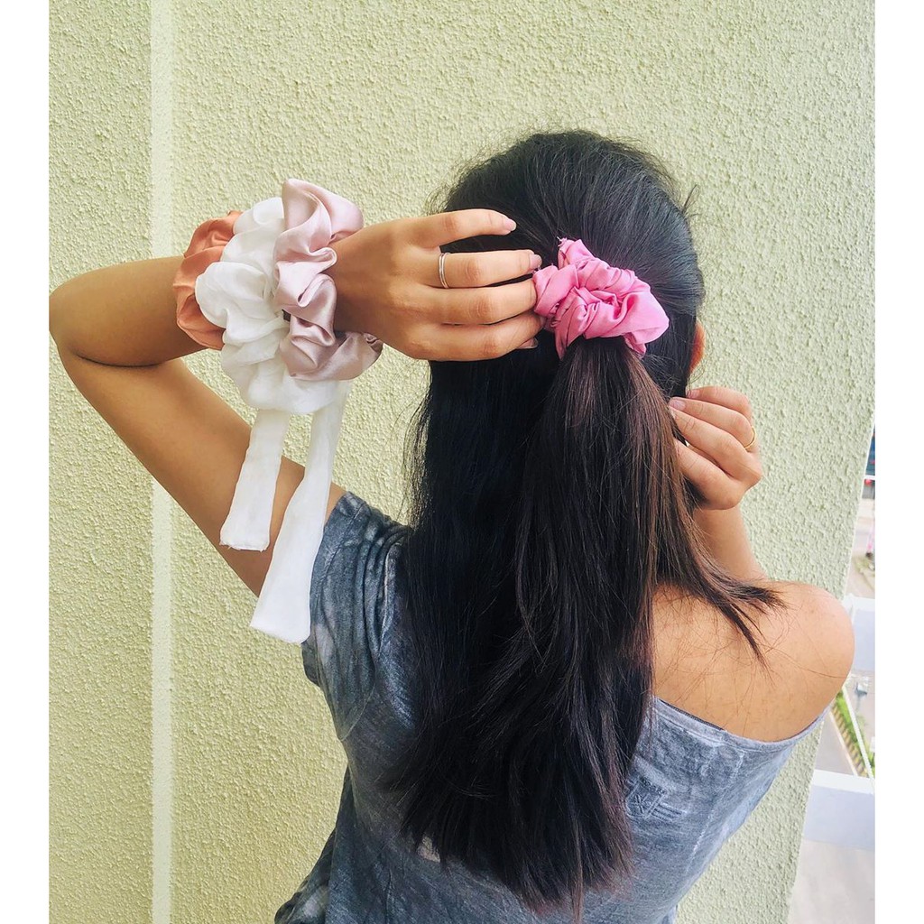 Dây Cột Tóc Scunchies Vải Phi Bóng Mã Trơn Nữ Tính Dễ Thương Cho Nữ