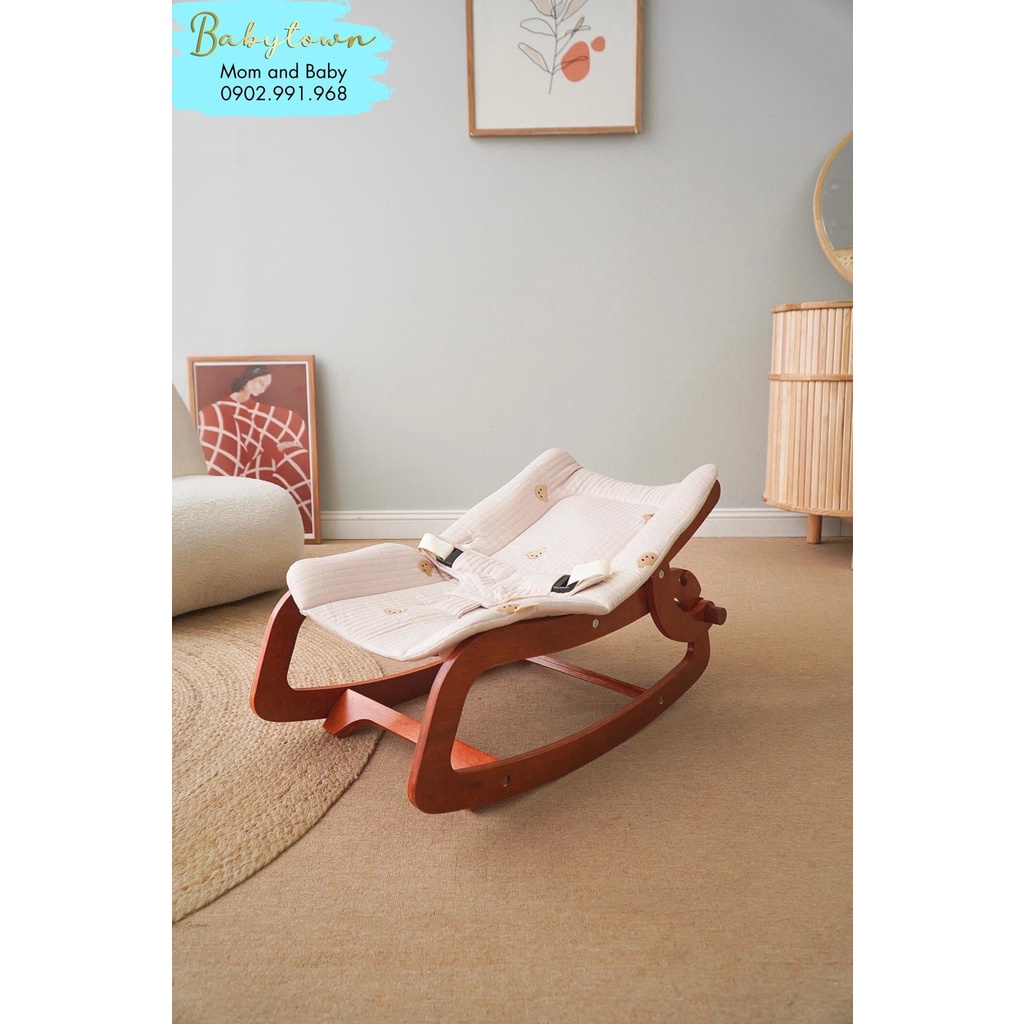 [CHÍNH HÃNG] GHẾ BẬP BÊNH THÂN GỖ THÊU GẤU MOCHEE ROCKING CHAIR