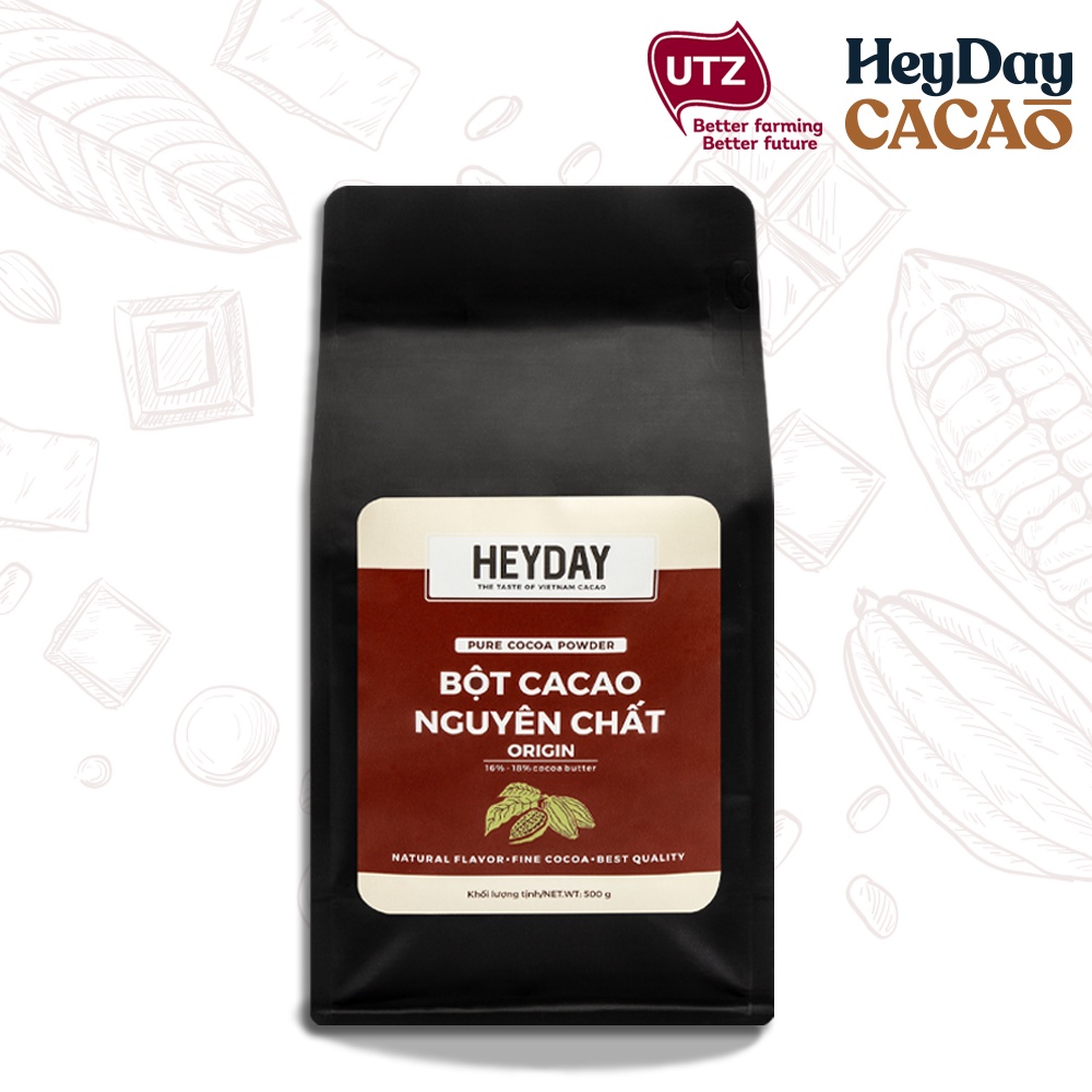 Túi 500g Bột cacao nguyên chất 100% Heyday - Dòng Origin thượng hạng - Chuẩn UTZ Quốc Tế