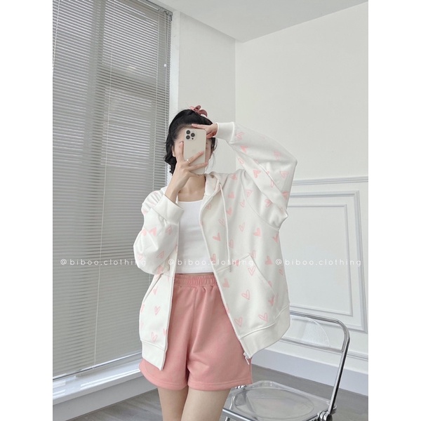 BIBOO - Áo khoác Hoodie Zip form rộng in hình TRÁI TIM chất liệu nỉ chân cua mịn đẹp