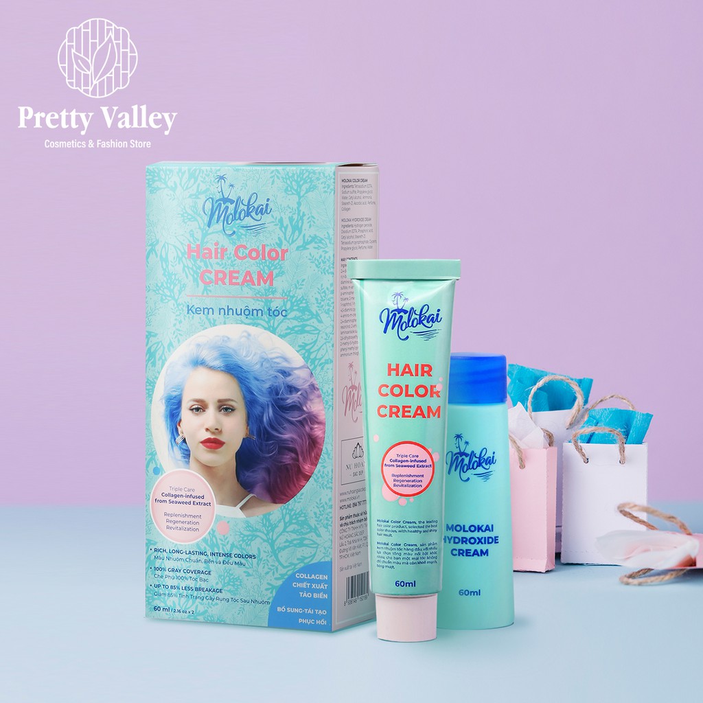 Kem nhuộm tóc màu thời trang phủ bạc Molokai 60ml  TẶNG KÈM GĂNG TAY + CHAI OXY TRỢ DƯỠNG  - Pretty Valley