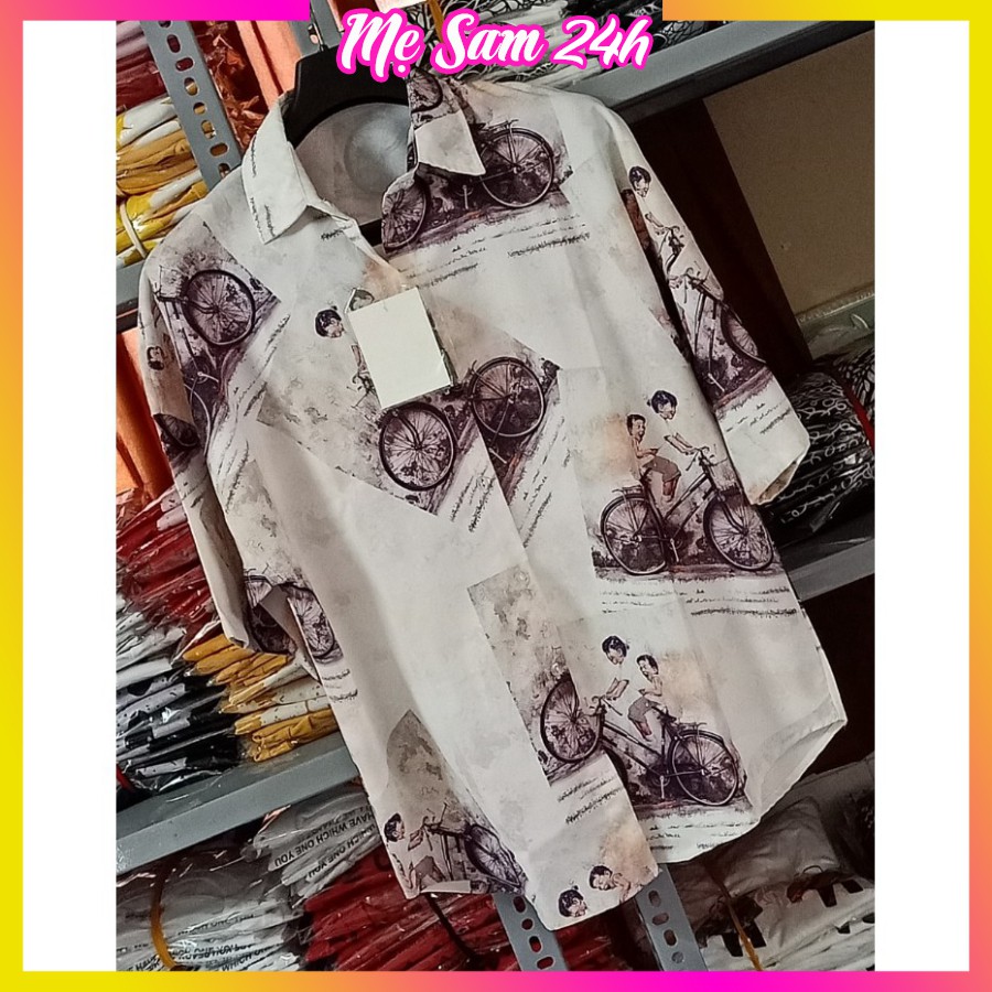 Áo sơ mi nữ form rộng tay lỡ freesize Mẹ Sam 24h, chất liệu đũi mềm mát, họa tiết in hình Xe Đạp SMH.43