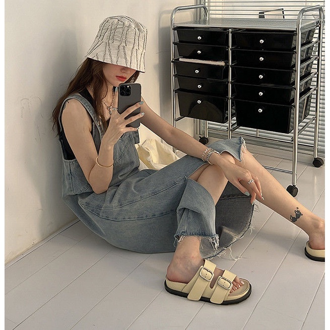 Đầm Yếm Denim Dài Qua Gối Không Tay Dáng Rộng Phong Cách Retro Pháp Thời Trang Mùa Hè Dành Cho Nữ