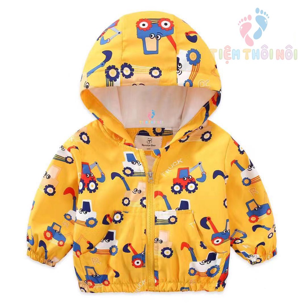 Áo Gió Hai Lớp Khóa Kéo Họa Tiết Khủng Long, Oto Có Mũ Cho Bé Trai