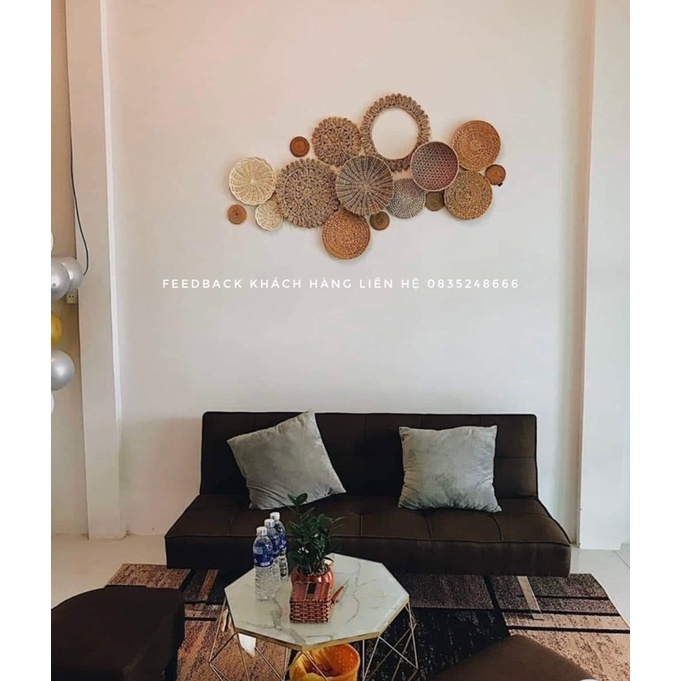 SX trực tiếp mẫu set đĩa mây cói treo tường Vintage có tặng kèm keo và đinh đóng tường