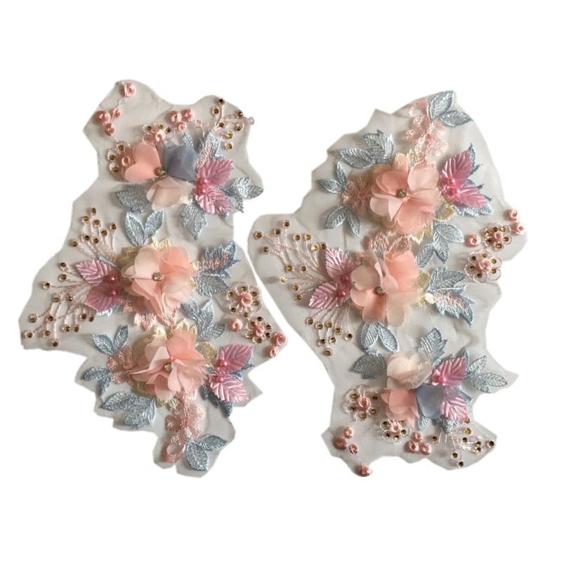 Set 2 Miếng Vải Ren Thêu Hoa 3D Đính Ngọc Trai Nhân Tạo Dùng Để Trang Trí Quần Áo DIY
