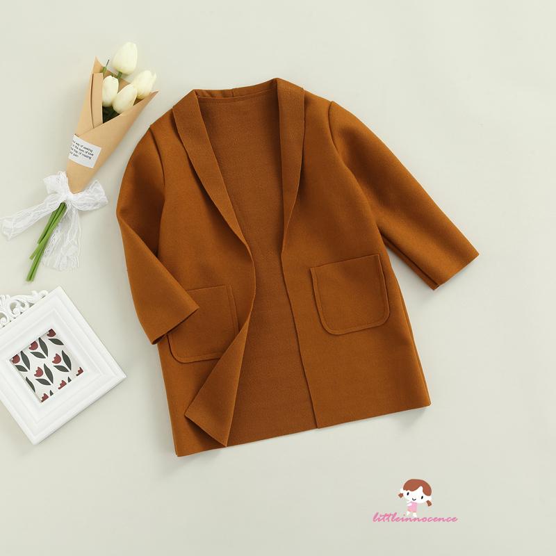 Áo khoác cardigan tay dài màu trơn có túi trước thời trang thu đông cho bé gái