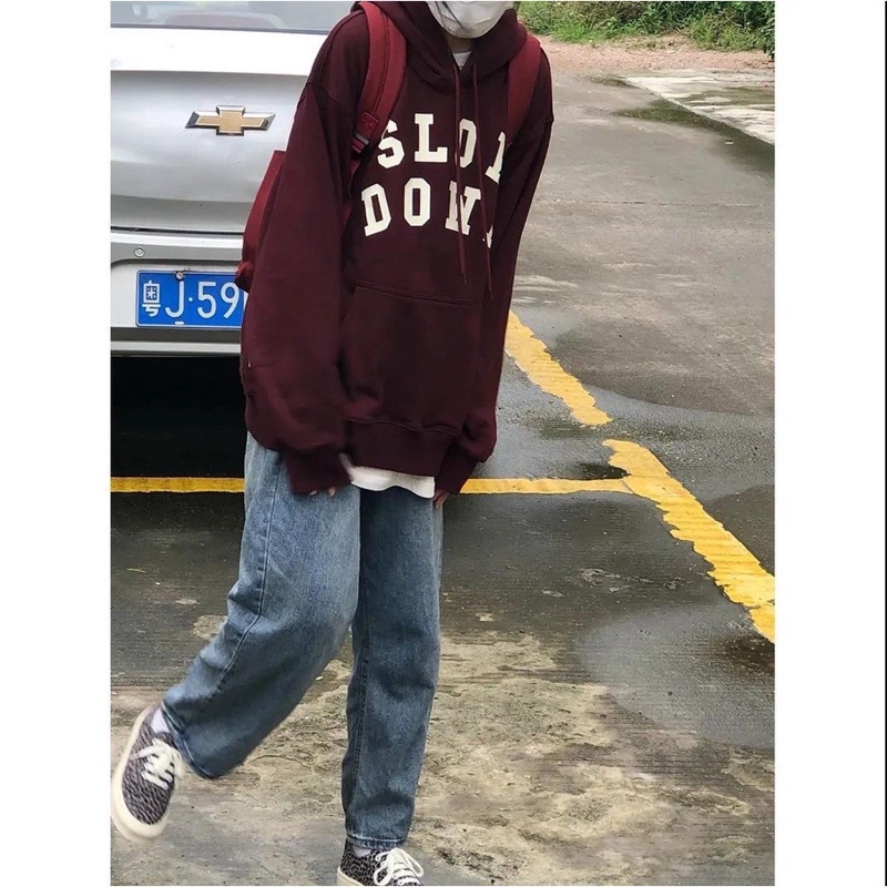 Áo Hoodie Slow Màu Đỏ Mận Siêu Hot, Áo Mũ 2 Lớp Form Rộng In Chữ Trẻ Trung Màu Sắc Nổi Bật