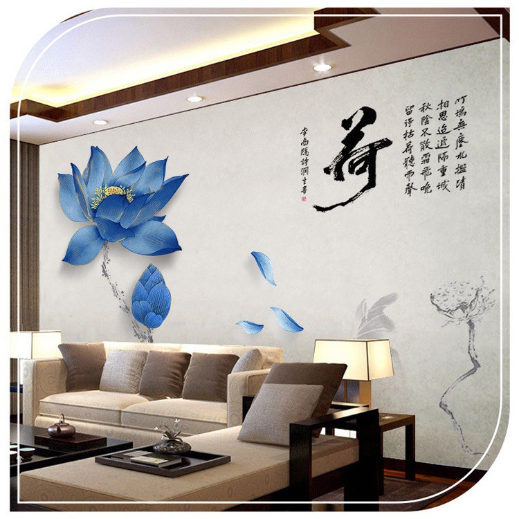 [CHẤT] Decal dán tường Hoa sen xanh thủy mặc trang trí phòng khách siêu đẹp AmyShop