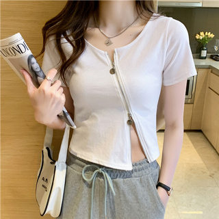Áo thun cotton ngắn tay dáng ôm phối dây kéo thời trang mùa hè mới thoải mái cho nữ