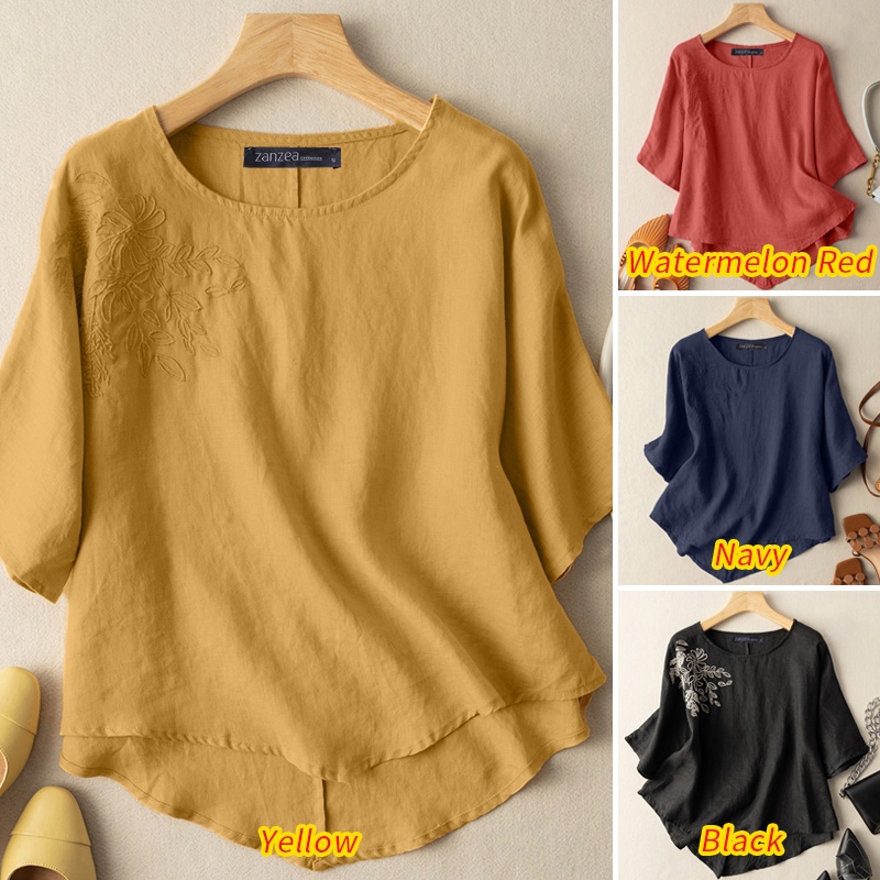 Áo thun ZANZEA cho nữ cổ tròn tay lửng màu trơn phong cách retro