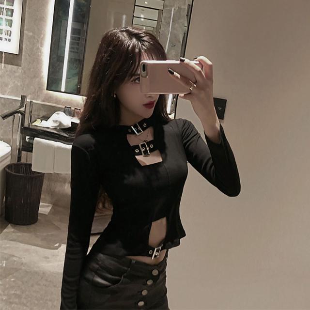 Thời Trang Áo Thun Lửng Tay Dài Cổ Tròn Phối Nút Kim Loại Gợi Cảm Cho Nữ