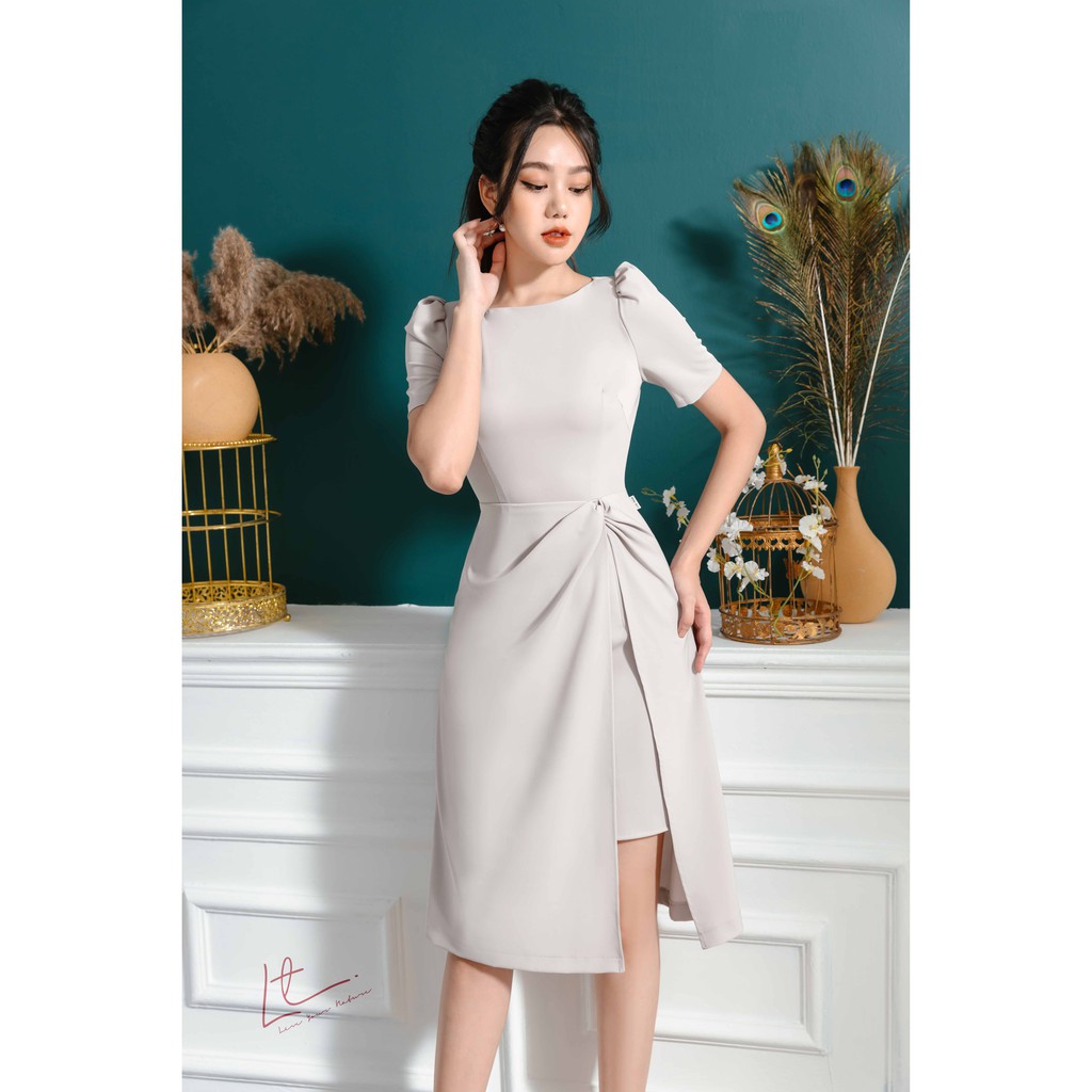 Váy xòe vai bồng Lyntran design cách điệu vạt xẻ sang trọng | BigBuy360 - bigbuy360.vn