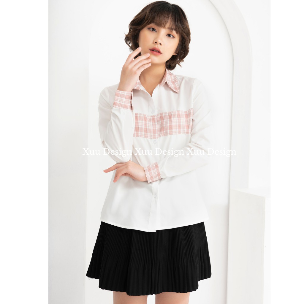 Áo Sơ Mi Nữ Xuu Design, Áo Kiểu Trắng Phối Kẻ Thời Trang, Chất Vải Lụa Hàn SP35