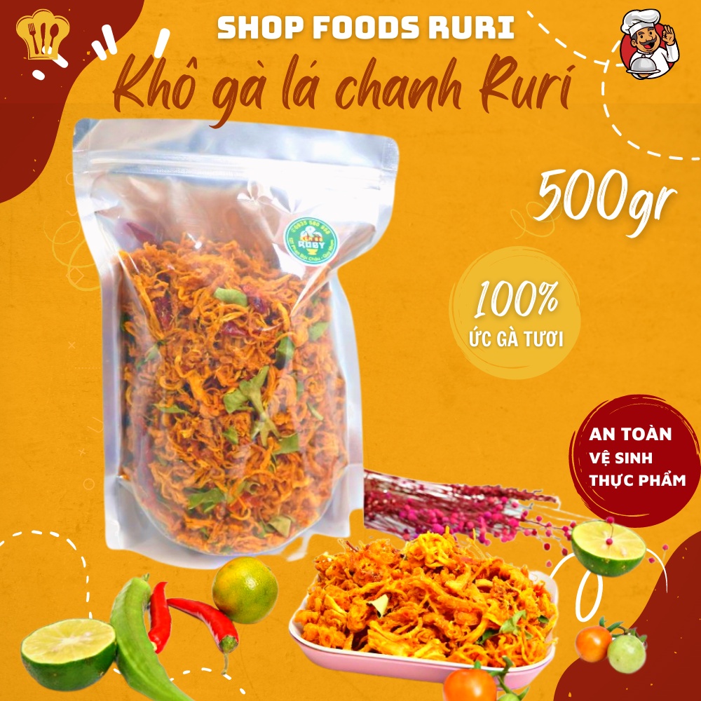 Khô gà lá chanh Ruri 100% làm bằng ức gà tươi - Thơm ngon, đậm vị - Bịch 500gr.