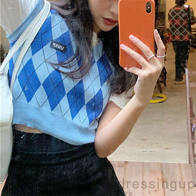 Áo dệt kim sát nách cổ chữ V thoáng khí in họa tiết hình thoi cổ điển cho nữ