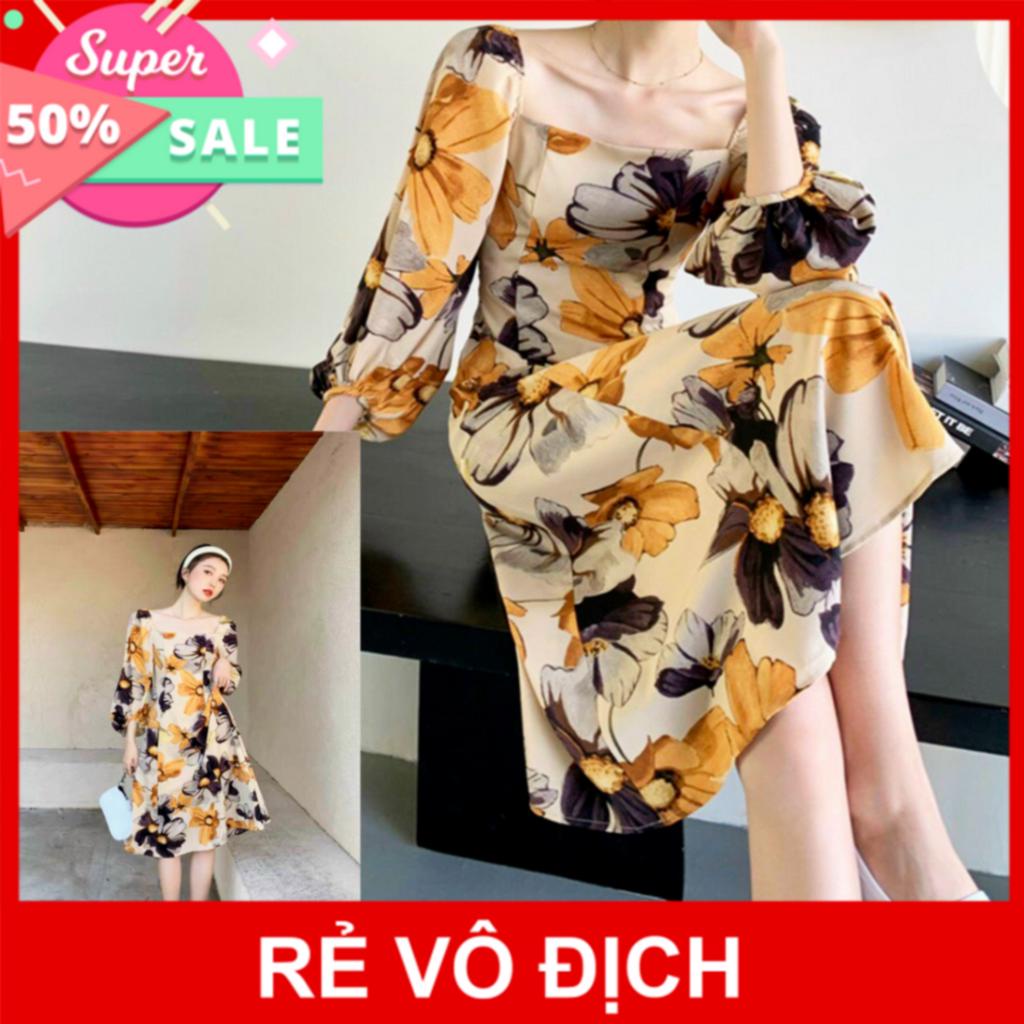 [Ảnh Thật] Đầm Xòe Đẹp Lụa Mát Cao Cấp Tay Phồng Cổ Vuông, Váy Hoa Dài Qua Gối Sang Trọng Dự Tiệc, Đ