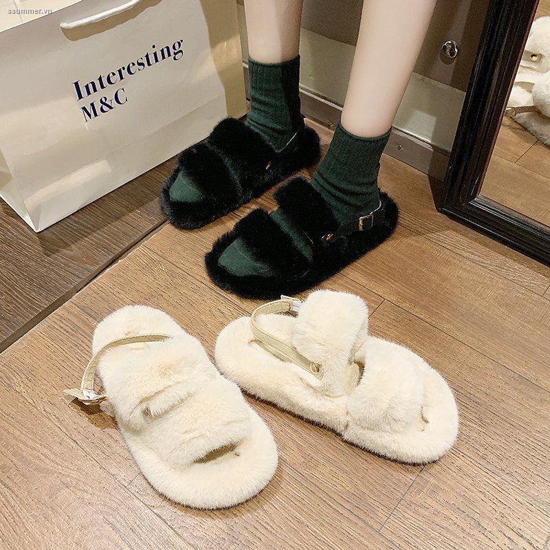 Giày Sandal Đế Bằng Phối Lông Thời Trang Mùa Hè Phong Cách Hàn Quốc Cho Nữ