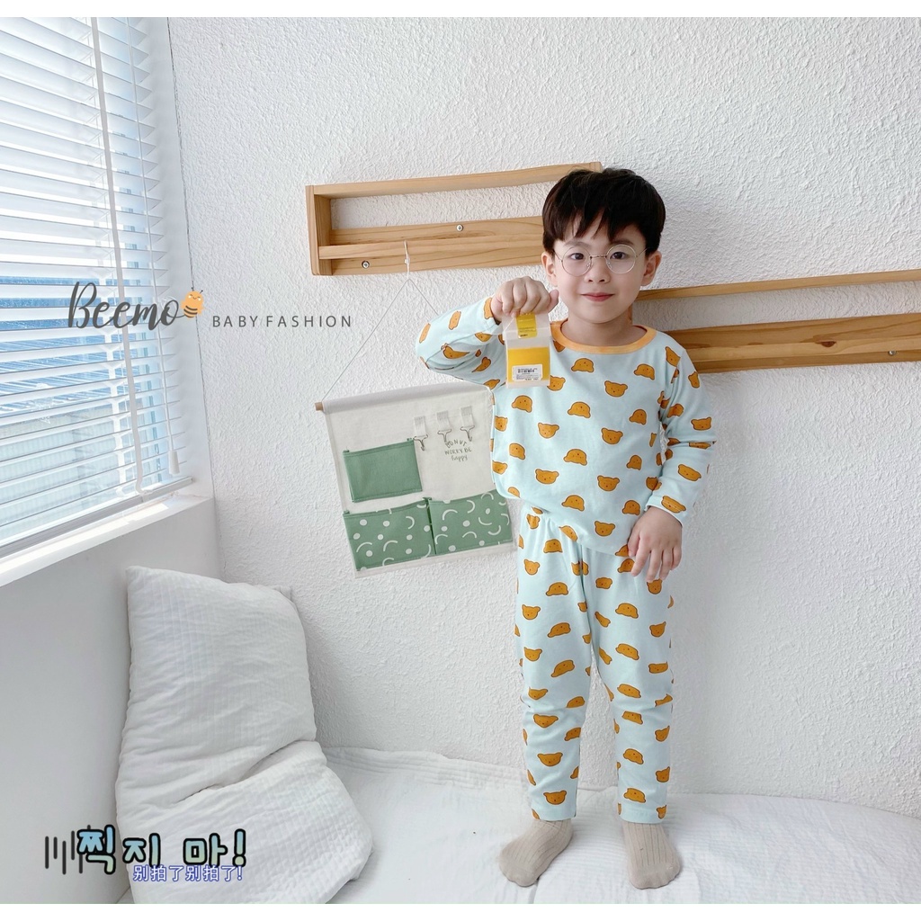 Bộ cotton Beemo hình mặt gấu in tràn 3 màu size 80 - 130