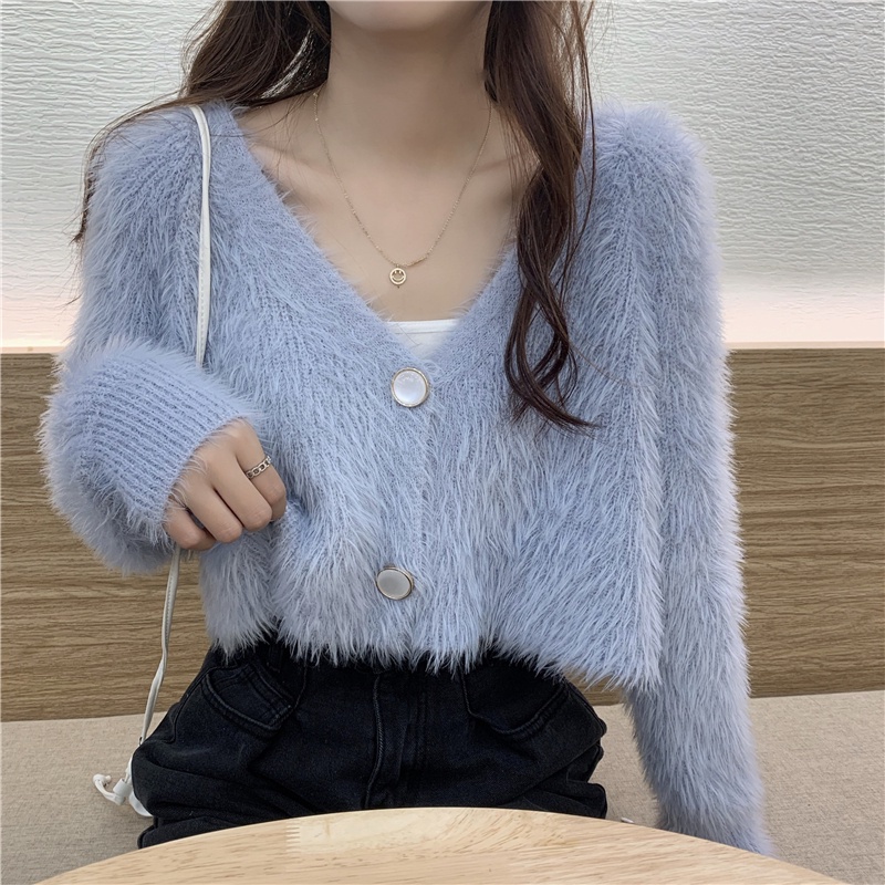 ┋▦Áo Croptop Nữ Len Lông Tua Rua Dày Dặn SB A01 Tay Dài Form Rộng Cổ Chữ V, Đính Nút Sang Trọng