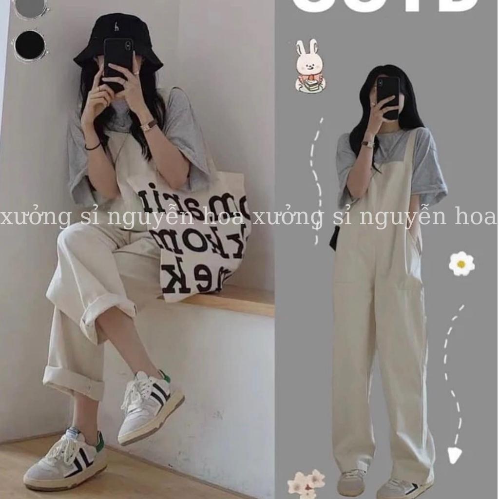 Sét quần yếm kaki be dáng rộng ống xuông kèm áo thun tay lỡ xám phong cách hàn quốc đáng yêu Xưởng Sỉ Nguyễn Hoa