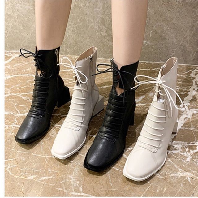 (Order) Boots Ulzzang cổ ngắn gót vuông cao 5,5cm đan dây - Có ảnh thật