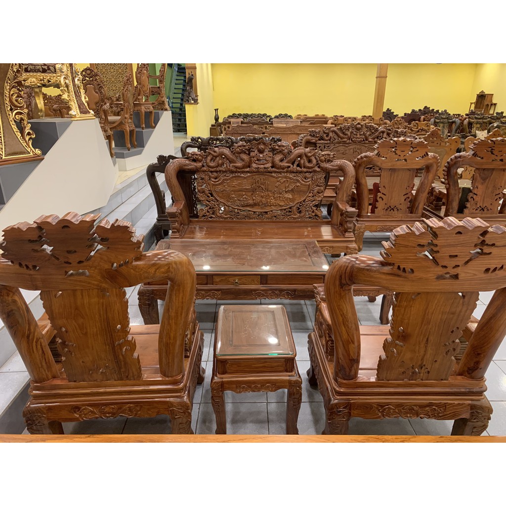 Bộ bàn ghế lưỡng long chầu nguyệt gỗ hương vân cao cấp tay 12, 6 món