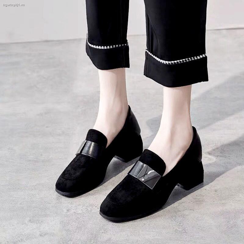 ☫○Ladies spring/summer 2021 new black high heels women retro square-toe loafers net red wild thick-heeled shoes