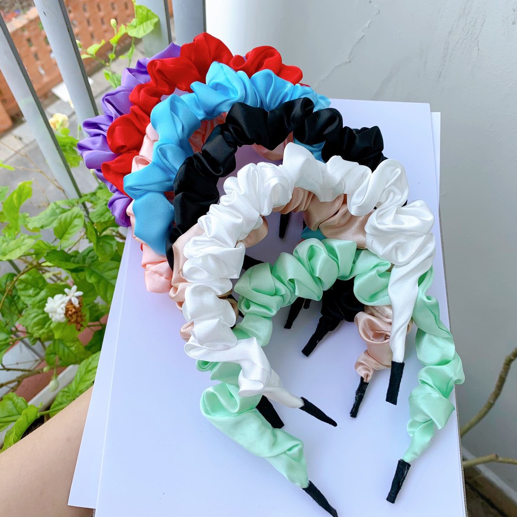 Cài tóc vải scrunchies màu trơn lụa bóng