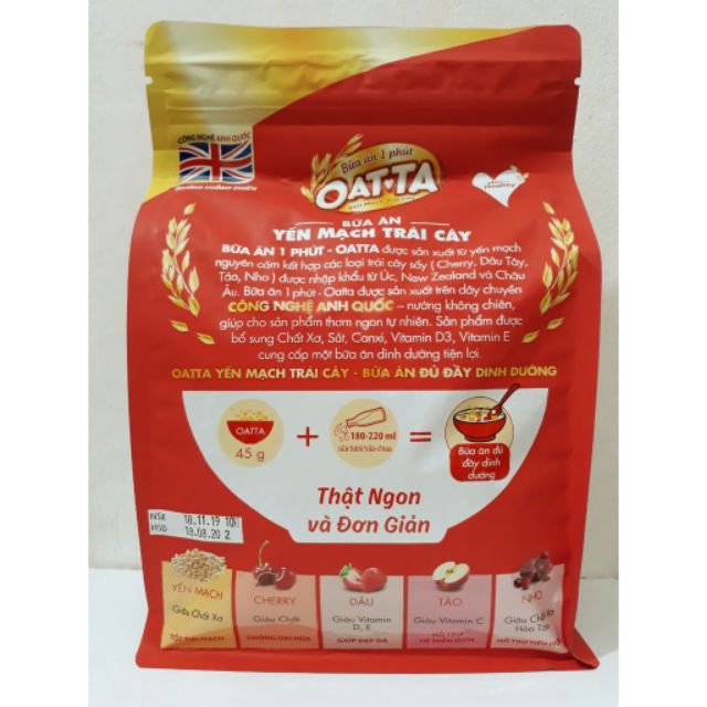 BỮA ĂN 1 PHÚT OATTA - YẾN MẠCH TRÁI CÂY 800gr (bịch lớn), không kèm sữa