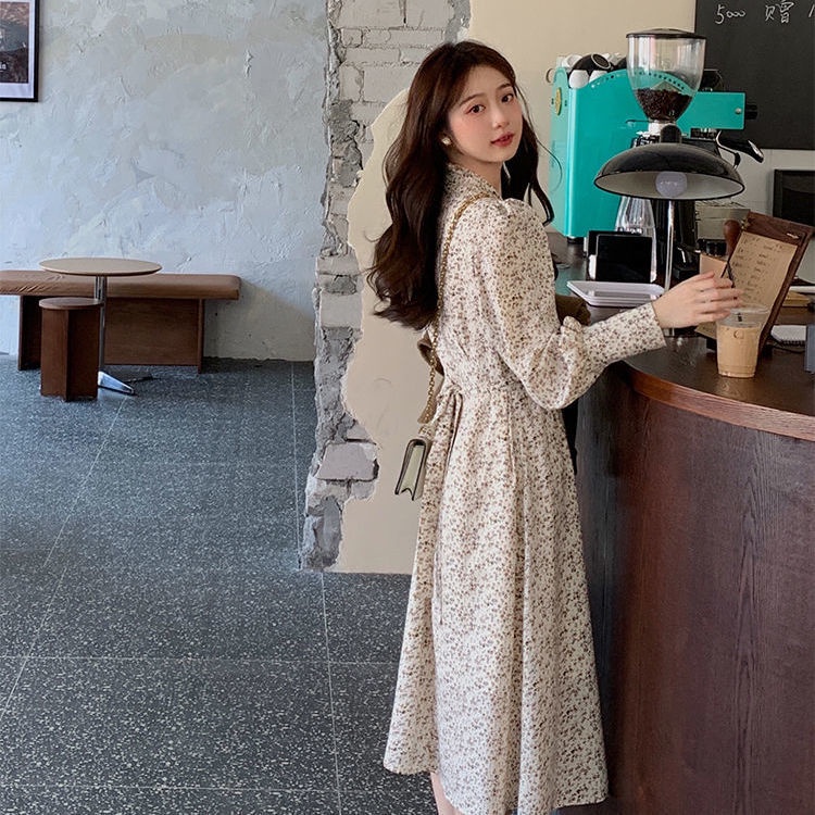 Đầm tay dài phồng cổ chữ V in họa tiết hoa thời trang thu đông cho nữ