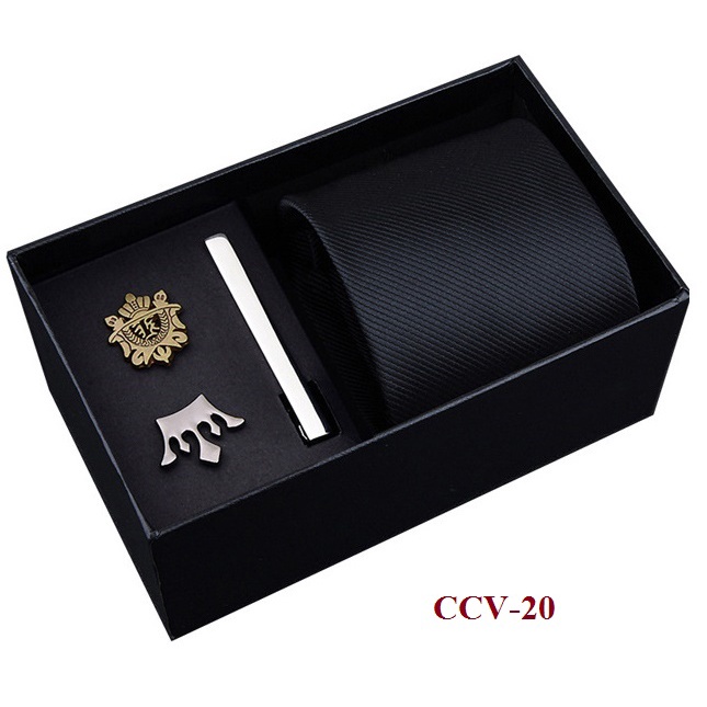 Bộ 4 món làm quà tặng gồm Cà vạt 8cm, kẹp cà vạt, 2 ghim cài áo Vest, cravat thắt sẵn khóa kéo tiện lợi