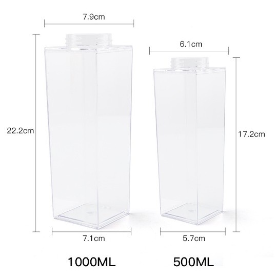 Bình Đựng Nước Trong Suốt Chống Tràn Hình Hộp Sữa Dung Tích 500ml/1000ml Sáng Tạo Thời Trang