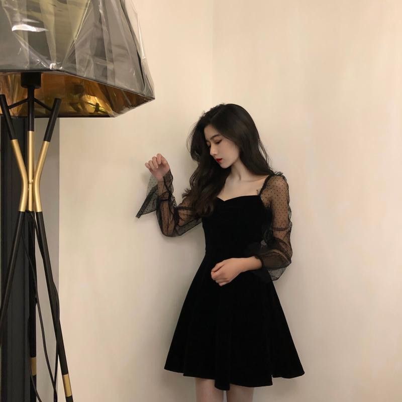 [ORDER] Đầm đen nữ tay dài ren lưới tay áo phồng cổ vuông ulzzang