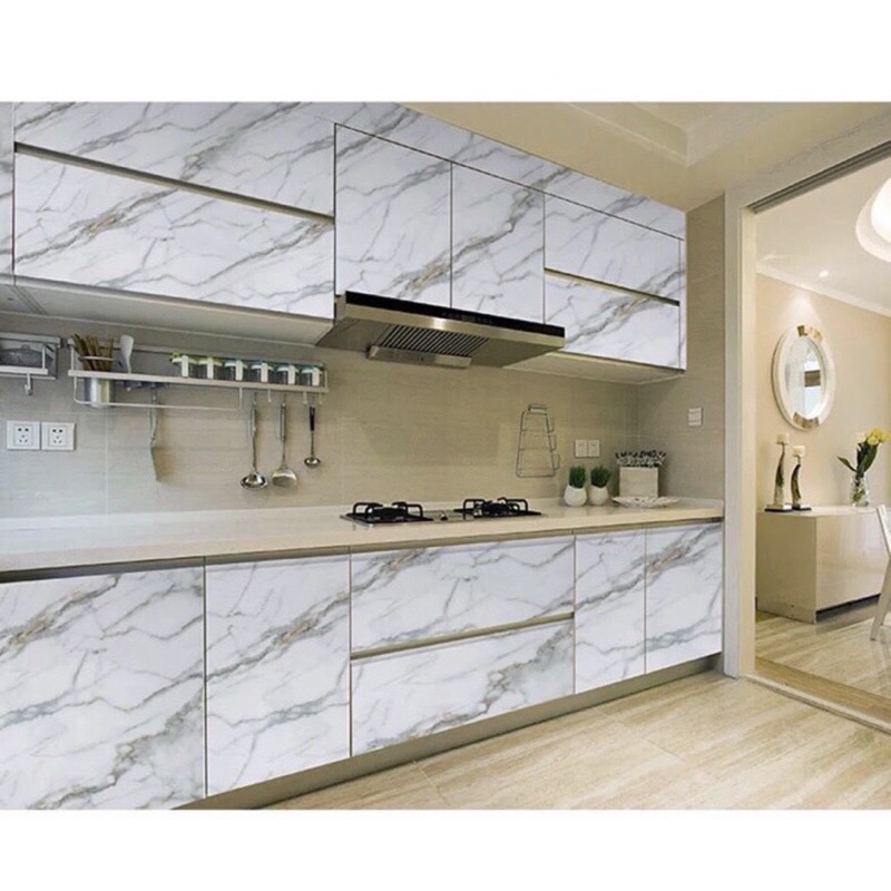 Giấy dán tường 5Mx60CM Dán tường giả vân đá MARBLE TRÁNG-NHÔM Dán bếp chịu nhiệt chống dầu mỡ chống nước dễ dàng vệ sinh