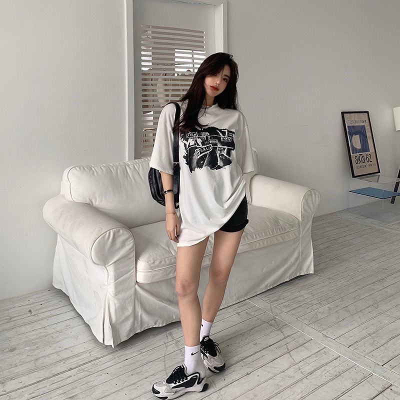 Áo Thun Ngắn Tay Cổ Tròn Dáng Rộng In Họa Tiết Thời Trang Hàn Quốc Cho Nữ