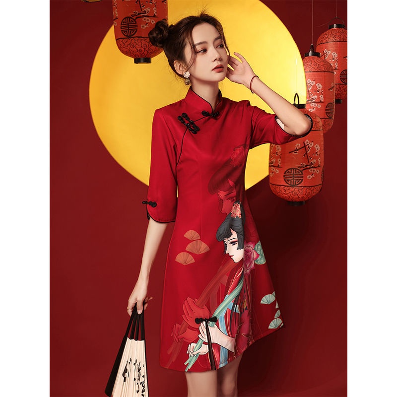 Đầm Sườn Xám Cách Tân Dáng Ngắn Màu Đỏ Phong Cách Trung Hoa Cho Nữ