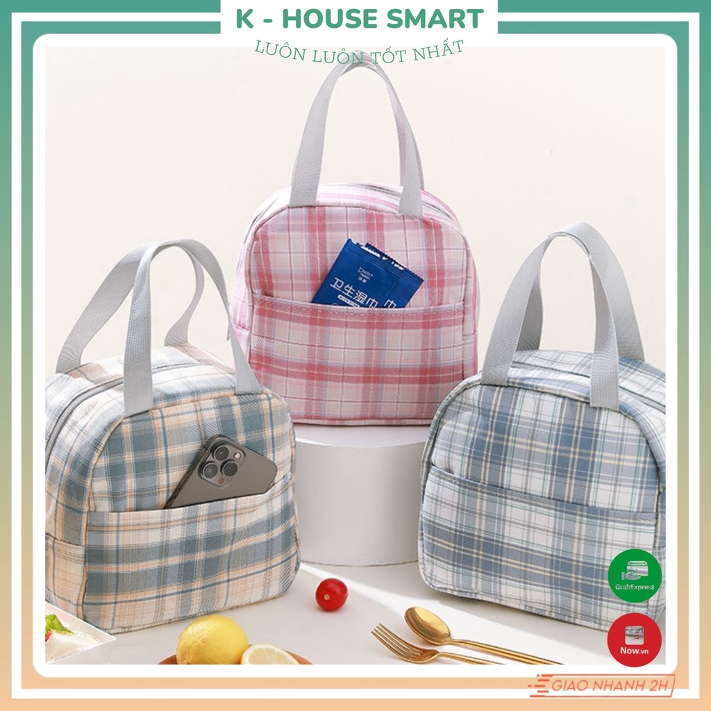 Túi đựng cơm giữ nhiệt đa năng sang trọng, chống thấm nước kẻ caro K -house mart