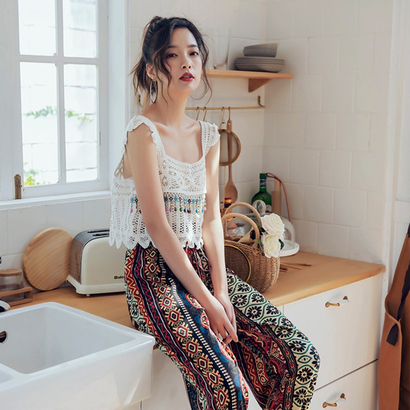 Xiangbao Áo Croptop Dệt Kim Không Tay Cổ Vuông Phối Bèo Và Hạt Pha Lê Nhiều Màu Phong Cách Boho Đi Biển