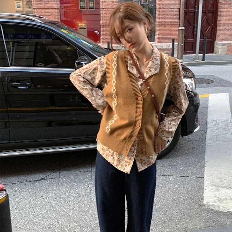 Áo khoác len không tay kẻ sọc phối màu thời trang mùa thu kiểu retro cho nữ | BigBuy360 - bigbuy360.vn