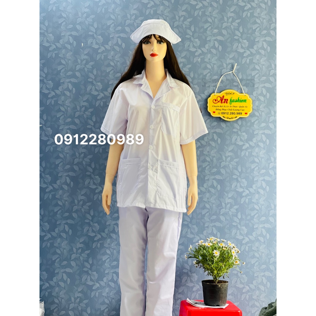 Áo Blouse Trắng Nữ Điều Dưỡng Ngắn Tay túi vuông vải kate - Áo Bác Sĩ, Dược Sĩ