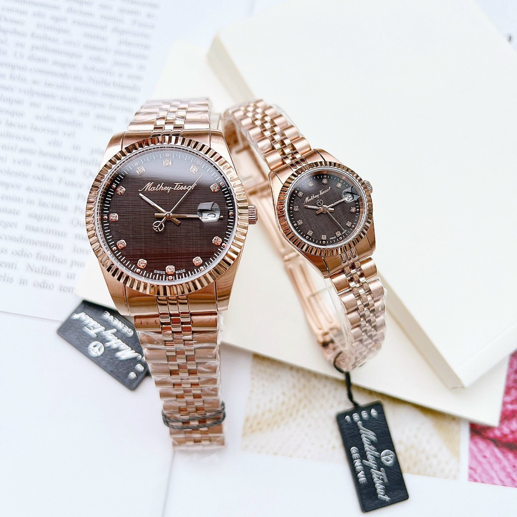 Đồng hồ đôi nam nữ Mathey Tissot Dial Brown Rose Gold