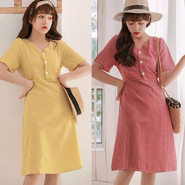 Đầm caro cổ V Quảng Châu (kèm hình thật)