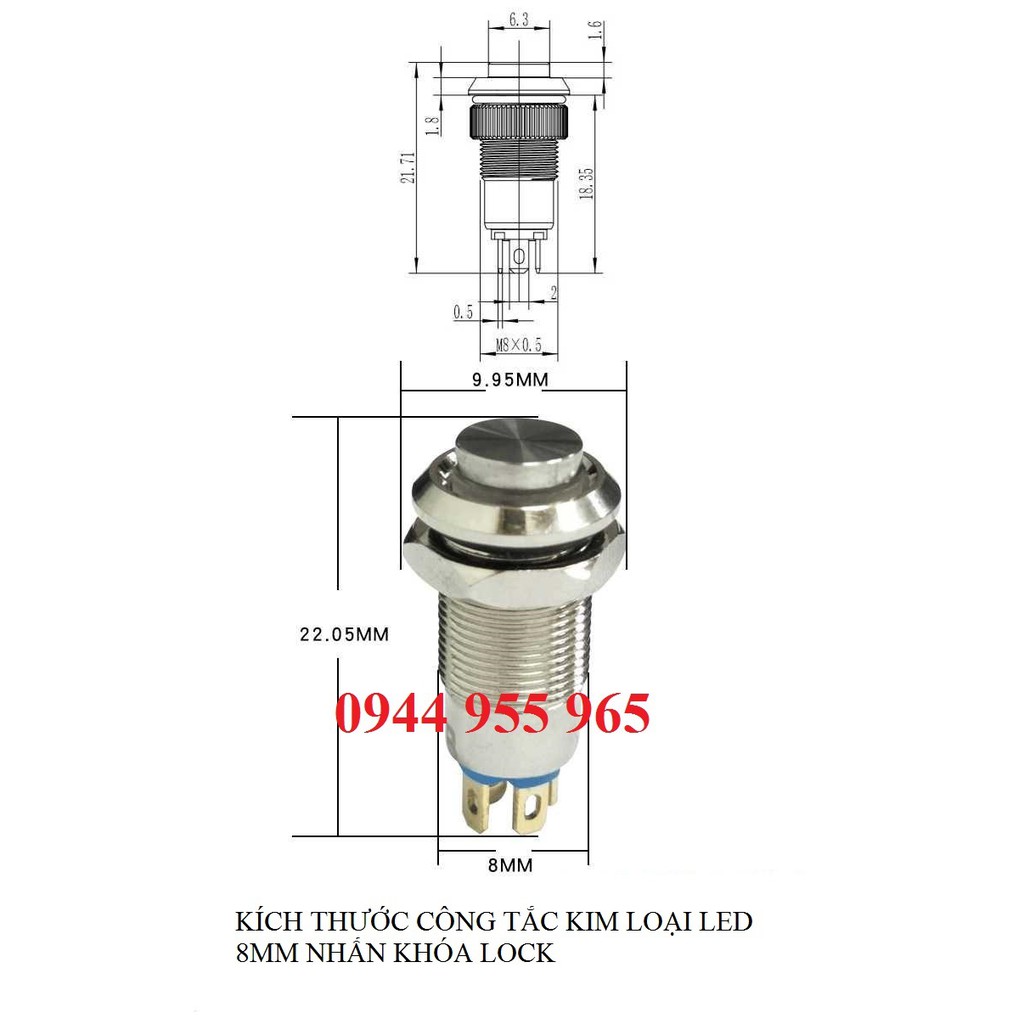 Công tắc nút nhấn kim loại LED 8mm nhấn nhả/ nhấn khóa chống nước chống gỉ sét 8mm LED switch